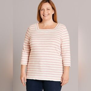 Talbots Large Pink and White Striped 100% Cotton Top Square Neck 3/4 Sleeve
